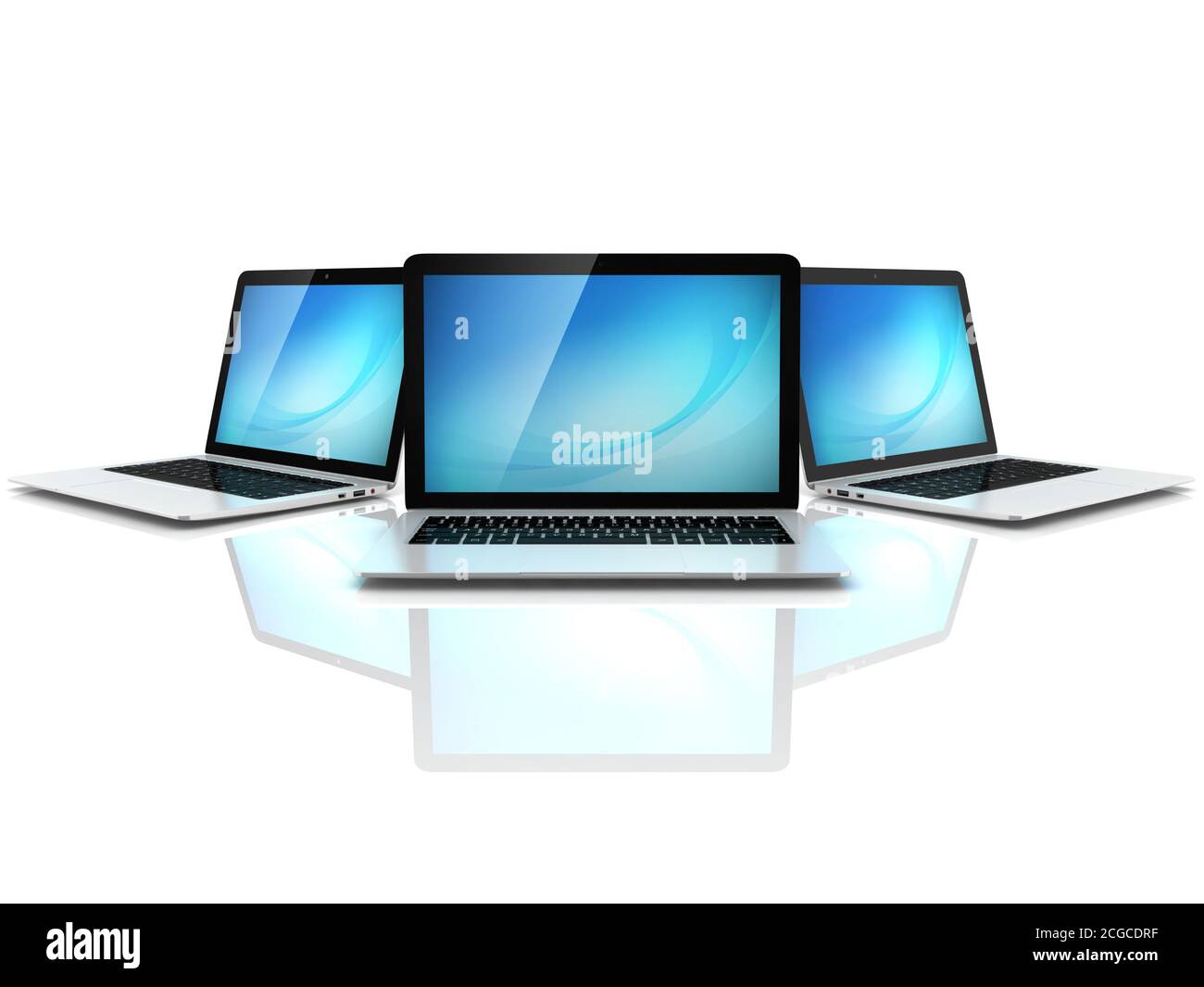 illustrazione 3d della rete di computer - computer portatili su sfondo bianco Foto Stock