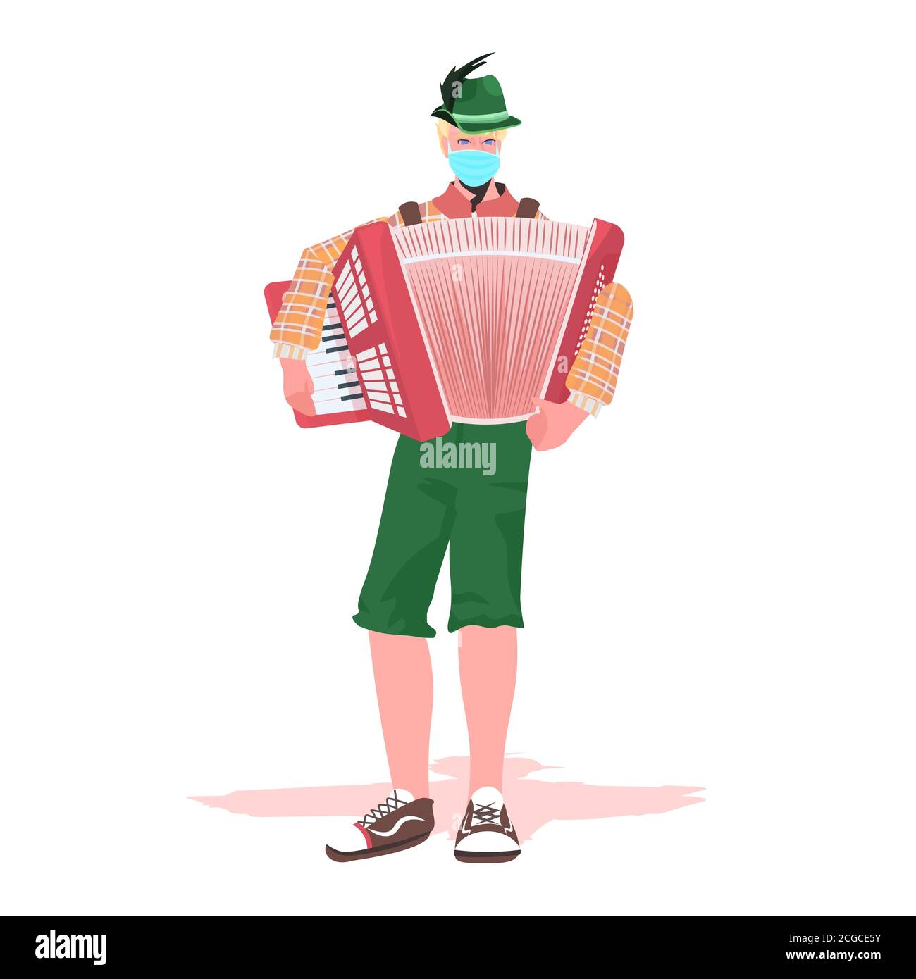 Musicista che suona fisarmonica in un festival folk esegue musica Oktoberfest party celebrazione concetto uomo in tedesco abiti tradizionali divertirsi pieno illustrazione vettoriale isolata in lunghezza Illustrazione Vettoriale