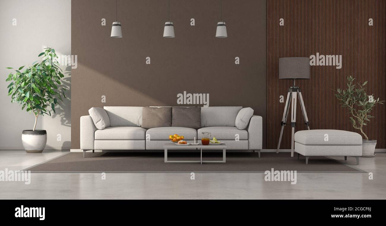 Soggiorno minimalista con divano bianco, parete marrone e legno pannello - rendering 3d Foto Stock