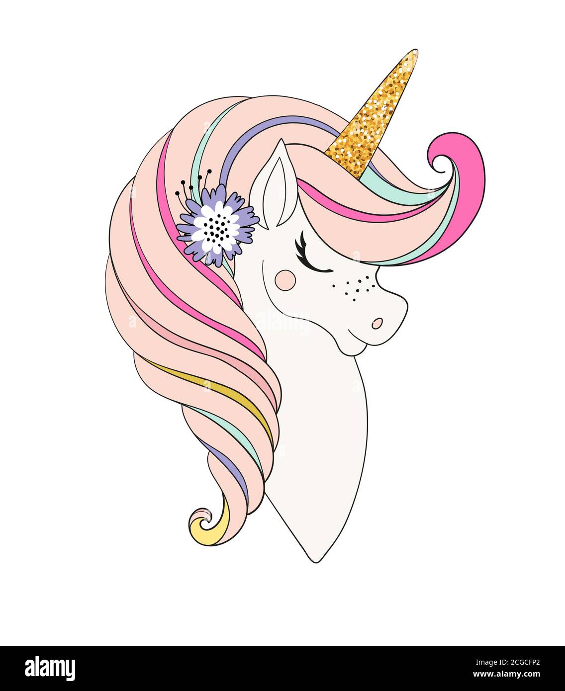 Testa unicorno con fiori. Bel ritratto di un cavallo magico per design, cartolina, invito, festa dei bambini. Illustrazione vettoriale a colori isolata su sfondo bianco Illustrazione Vettoriale
