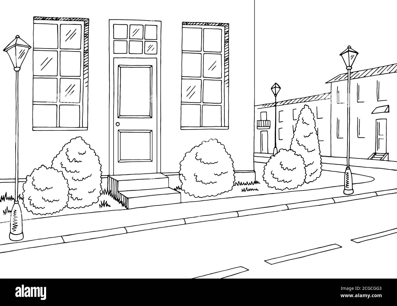Grafico stradale grafico bianco nero illustrazione dello schizzo del paesaggio vettore Illustrazione Vettoriale