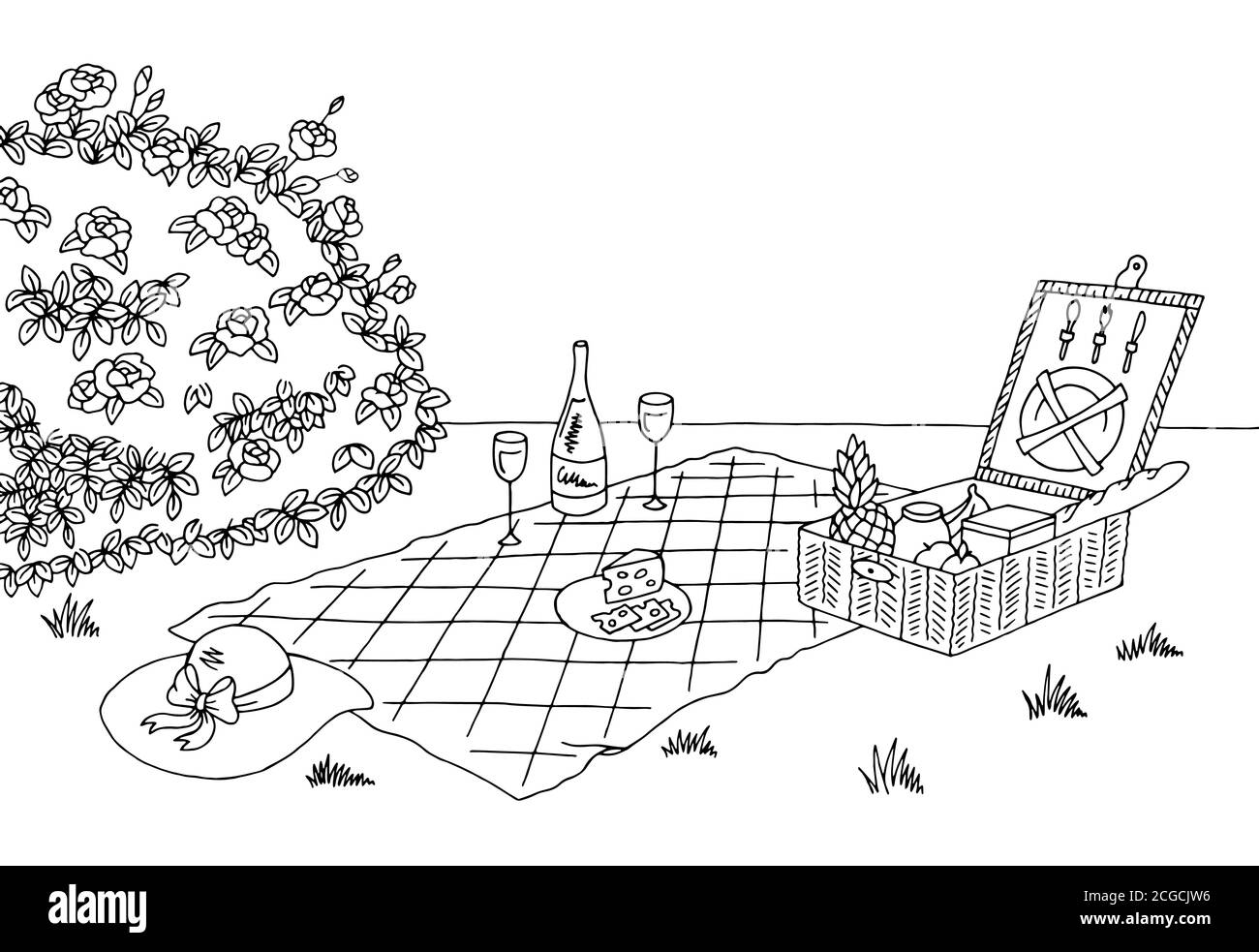 Grafico picnic grafico bianco nero illustrazione dello schizzo vettore Illustrazione Vettoriale