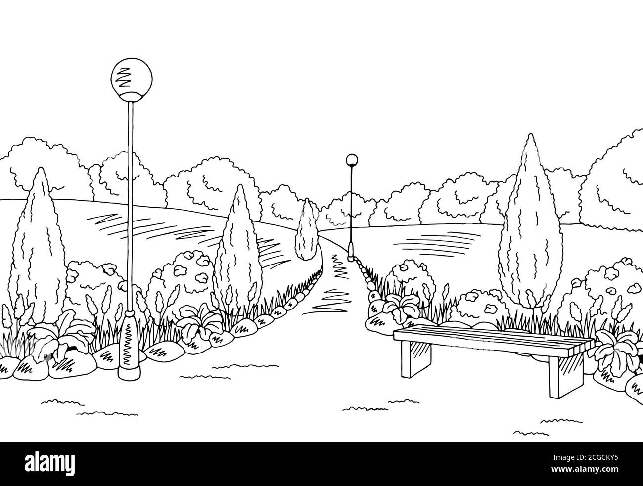 Park grafico nero bianco lampada da banco disegno orizzontale vettore Illustrazione Vettoriale