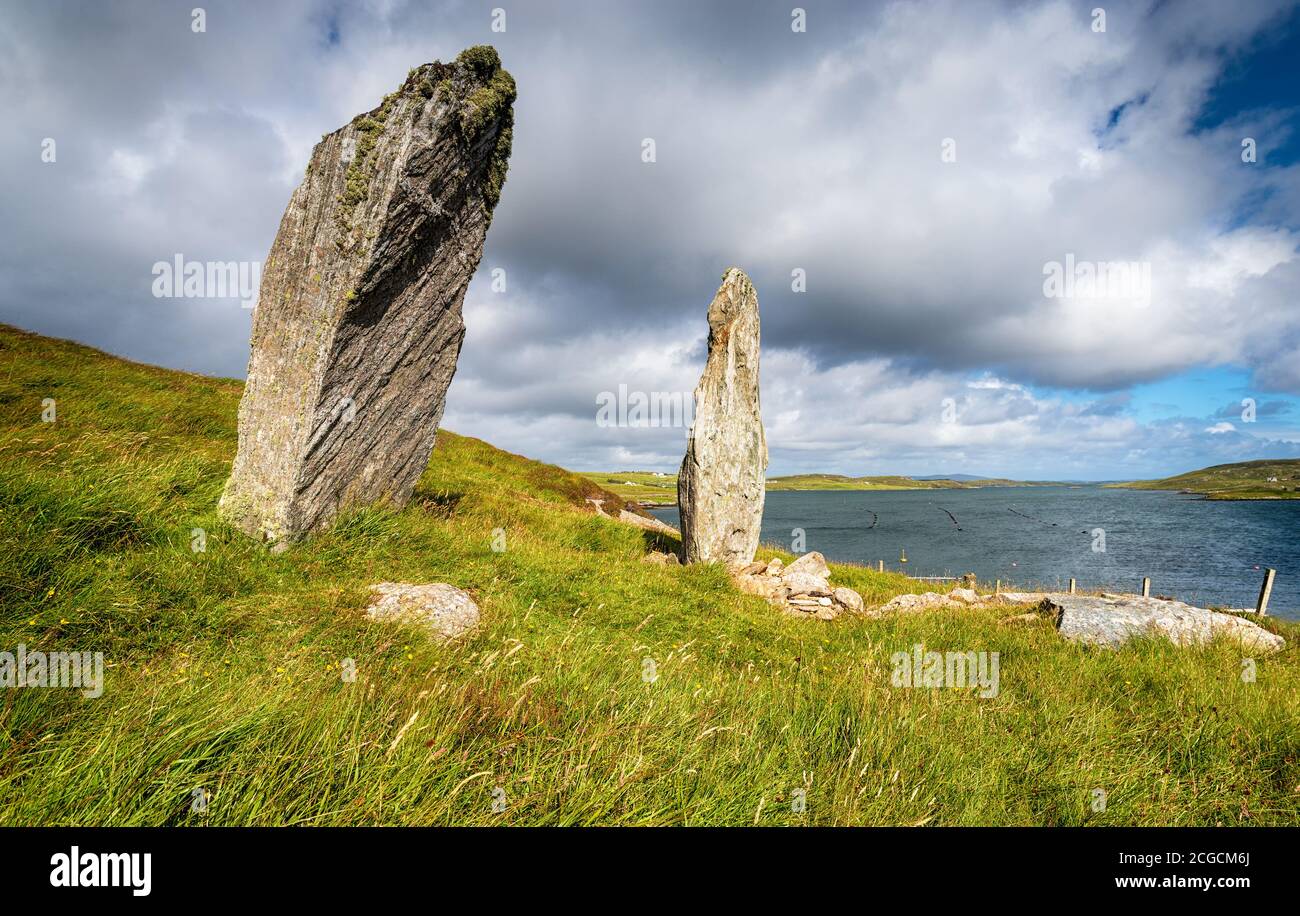 Pietre in piedi a Callanish VIII sull'Isola di Grande BERNERA sull'Ilse di Lewis nelle Ebridi esterne Della Scozia Foto Stock