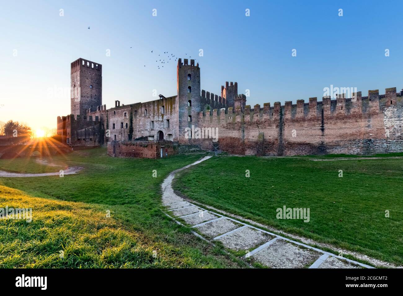 Tramonto al castello di San Zeno a Montagnana. Provincia di Padova, Veneto, Italia, Europa. Foto Stock
