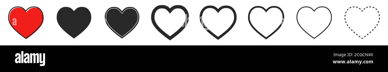 Icone dei vettori cardiaci. Set di simboli di amore su sfondo bianco. Illustrazione del vettore. Concetto di amore Illustrazione Vettoriale