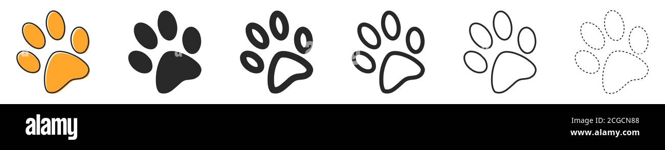 Icone vettoriali di impronta animale. Set di stampe Paw, su sfondo bianco. Illustrazione del vettore. Varie icone Paw nere. Illustrazione Vettoriale