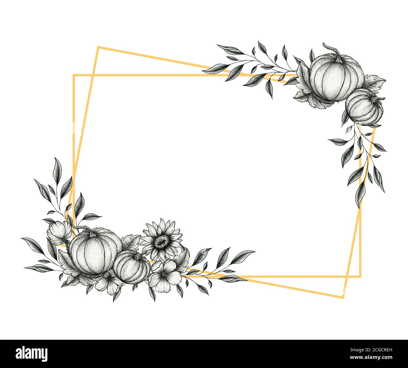 cornice autunnale festosa con zucche e decorazioni girasole, linea floreale autunnale design, vintage autunnale design per il ringraziamento, carte autunnali Foto Stock