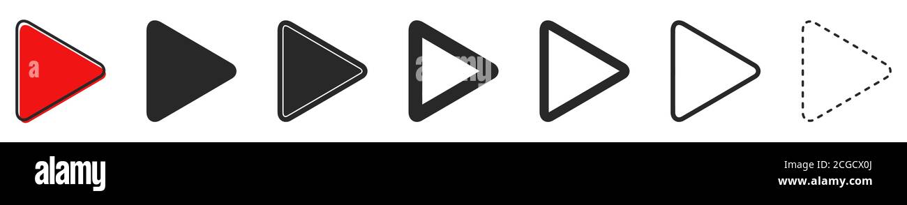 Pulsanti del vettore di riproduzione. Set di icone di riproduzione video su sfondo bianco. Illustrazione del vettore. Varie icone di riproduzione nere. Illustrazione Vettoriale