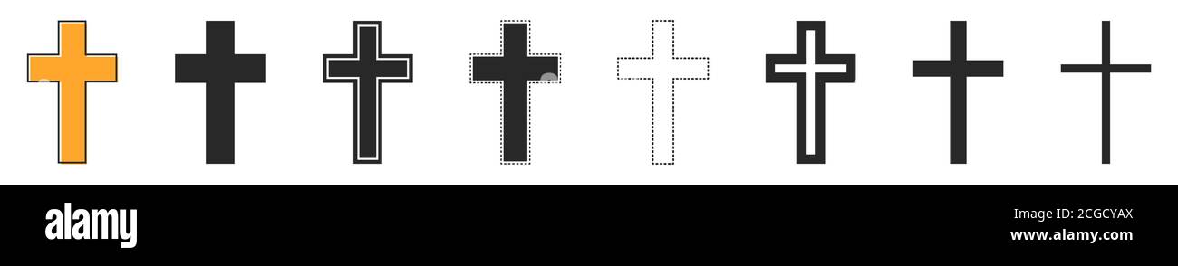 Insieme di icone della Croce cristiana. Vettore croci icone isolate. Illustrazione vettoriale. Varie croci di religione nera. Illustrazione Vettoriale