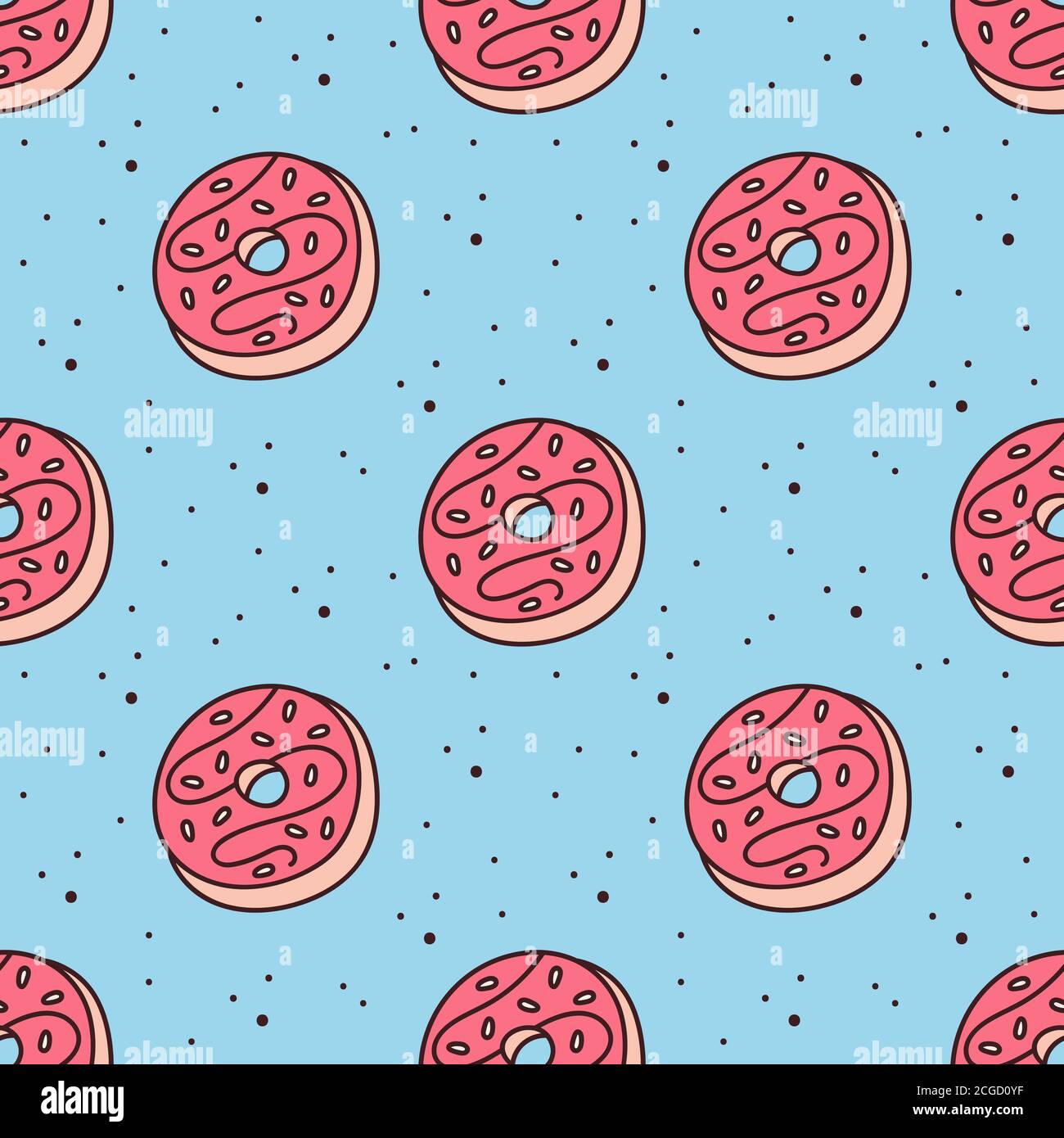 Donuts motivo senza cuciture, texture, sfondo. Cibo dolce. Linea Vector art. Panificio, cucina. Illustrazione Vettoriale