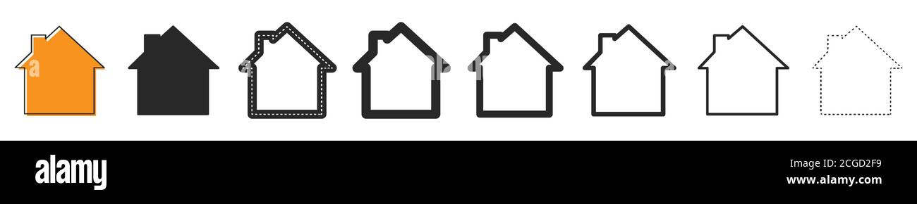 Icone vettore casa. Set di simboli case su sfondo bianco. Illustrazione del vettore. Varie icone dell'edificio nero. Illustrazione Vettoriale