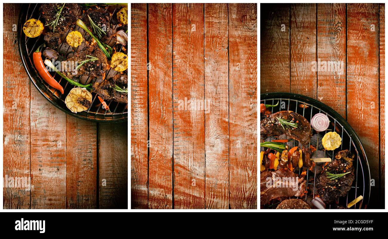 Vista dall'alto di carne fresca e verdura sulla griglia posta su tavole di legno, divise in cornici. Barbecue, grigliate e concetto di cibo. Spazio libero per il testo Foto Stock