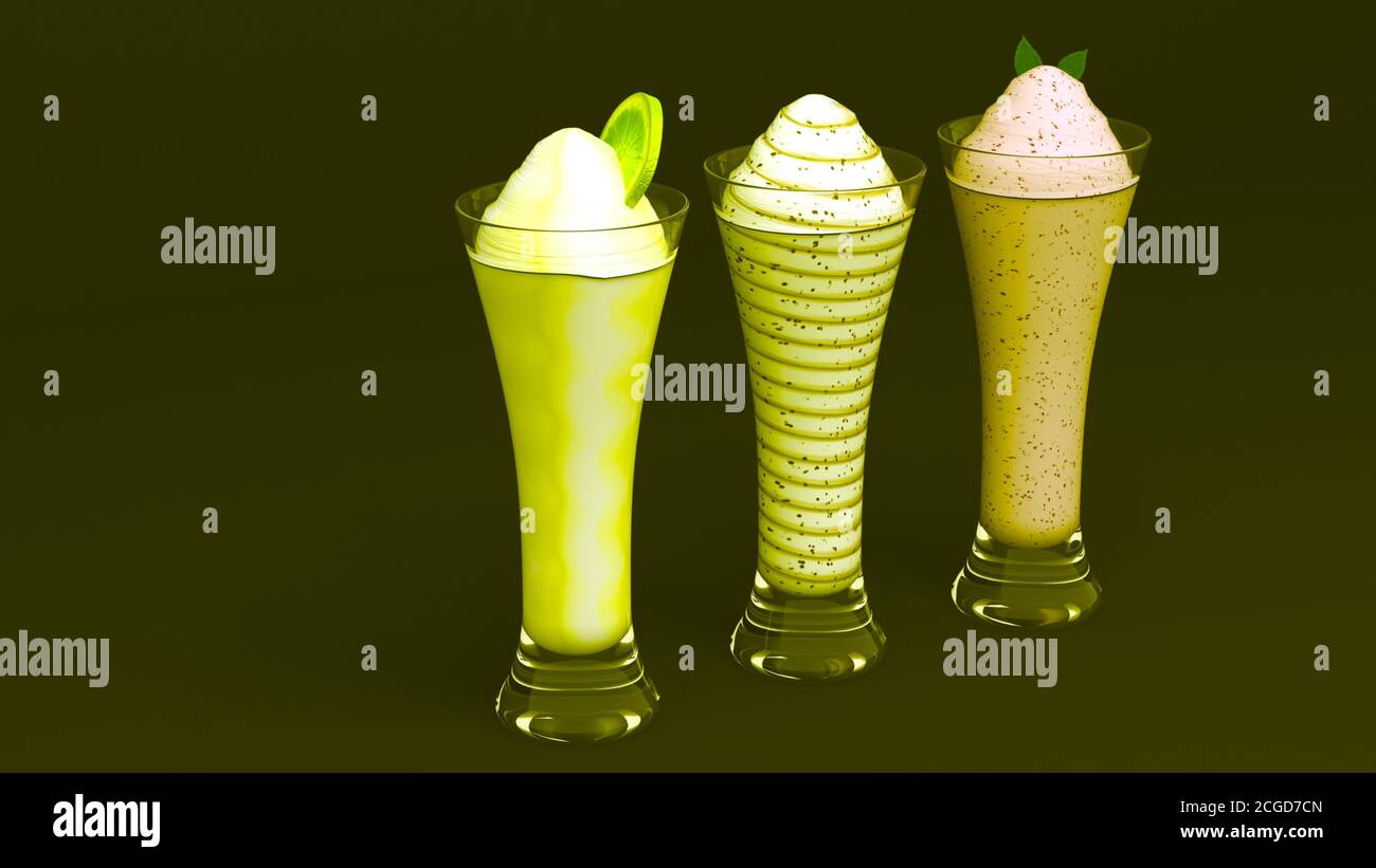 Bicchiere di gelato al limone e palle dolci su fondo nero. Cibo freddo per felice e sano. Foto Stock