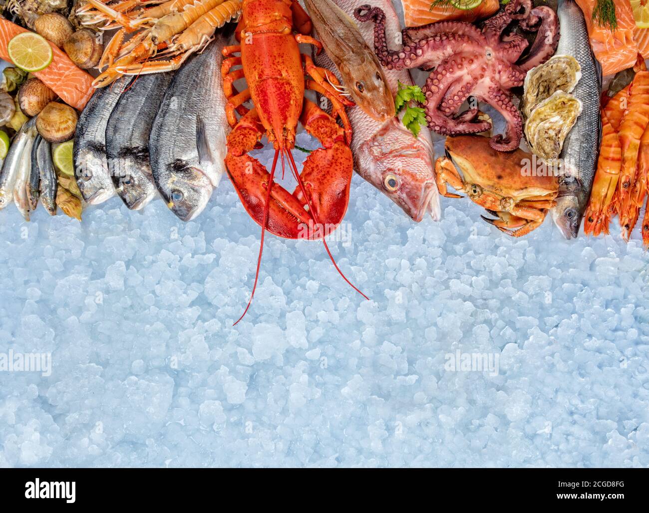 Aragosta intera con frutti di mare, granchio, gamberi, pesce, bistecca di salmone, polpo, ostriche e altre conchiglie servite su ghiaccio tritato. Foto Stock