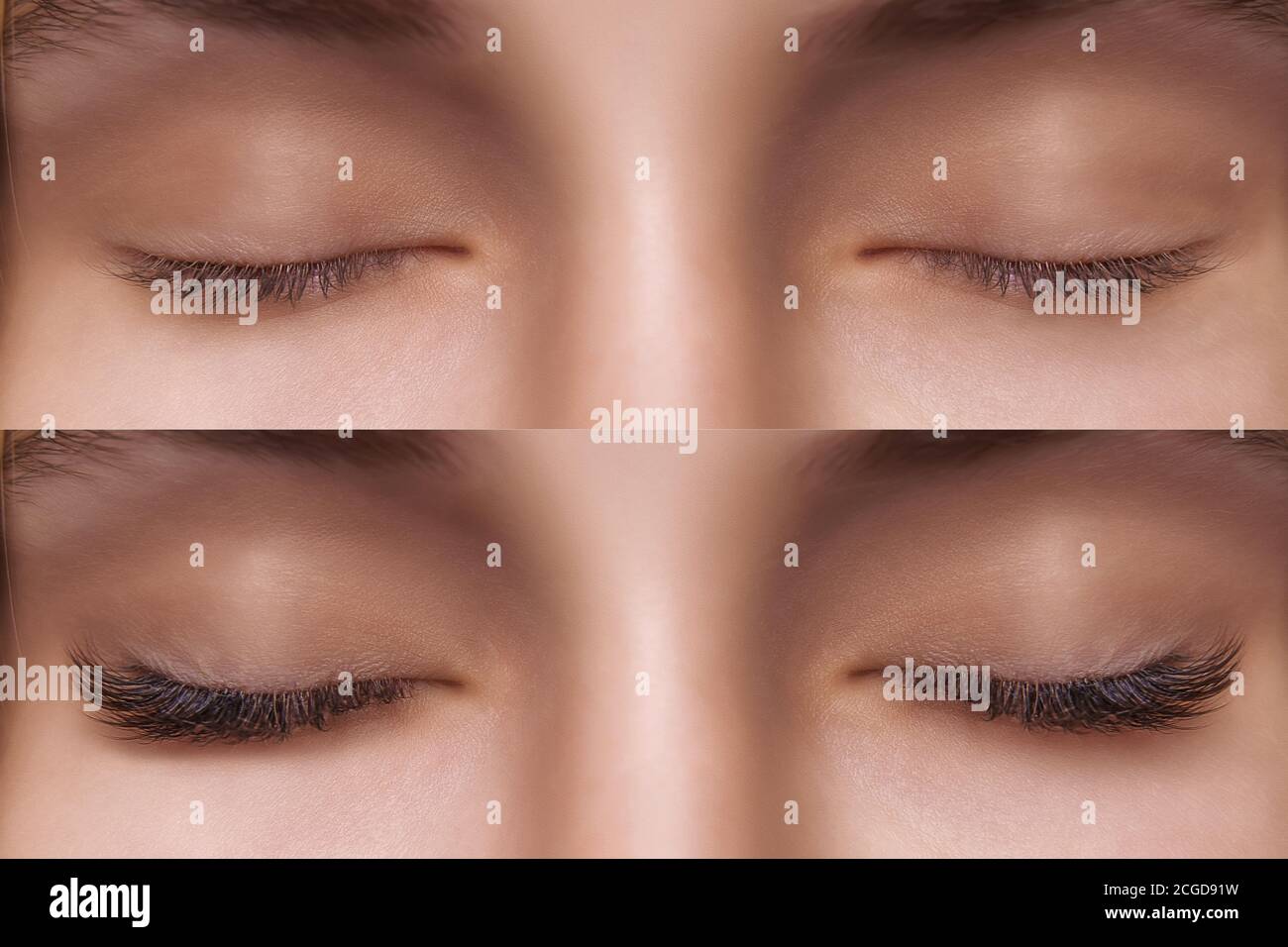 Extension delle ciglia. Confronto di occhi femmina prima e dopo. Foto Stock