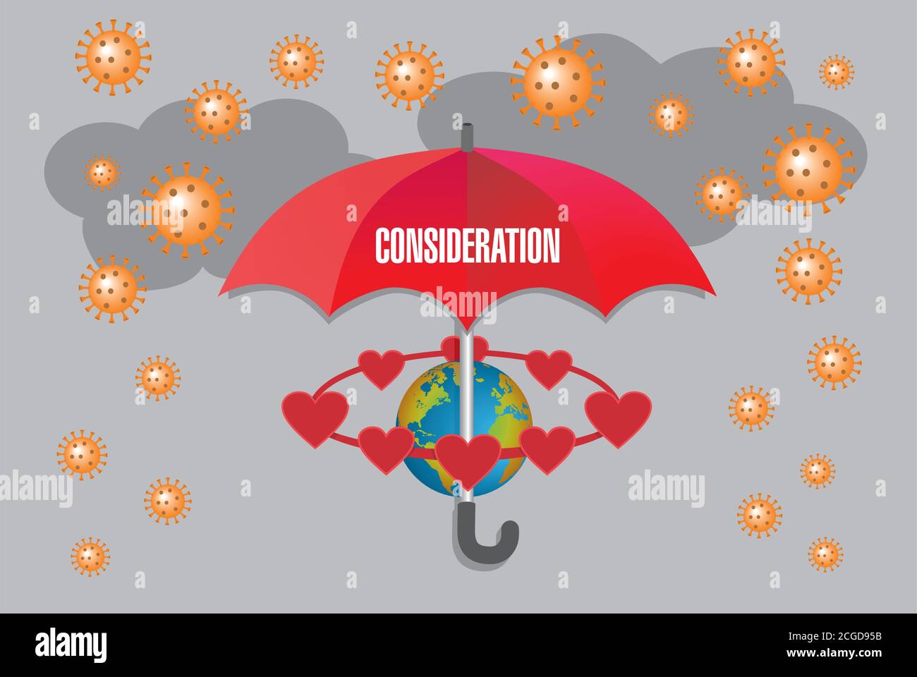 Ombrello rosso con considerazione del testo e globo terrestre con cuori surronding, corona pioggia. Illustrazione Vettoriale