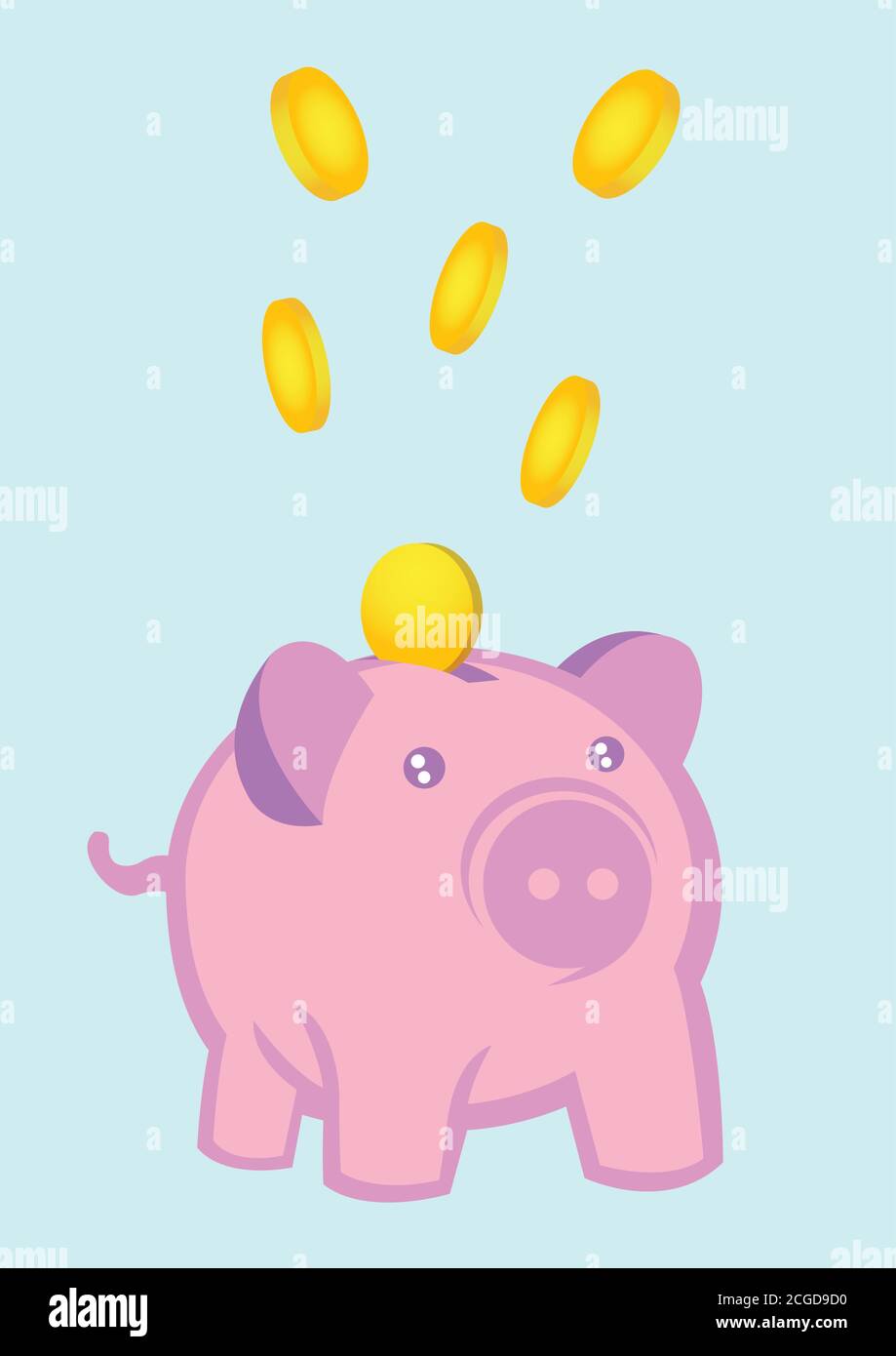 Illustrazione vettoriale monete d'oro che entrano nella fessura su un adorabile banco di piggy rosa isolato su sfondo blu pastello. Illustrazione Vettoriale