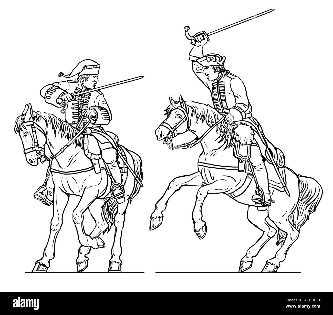 Duello dei cavalieri. dragoon francese contro il dragoon inglese. Disegno storico della Guerra dei sette anni. Foto Stock