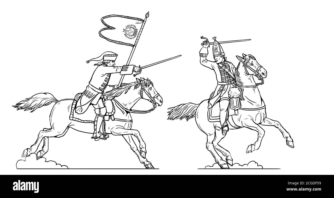 Duello del Cavaliere. I francesi si arruolano contro il dragoon inglese. Disegno storico della Guerra dei sette anni. Foto Stock
