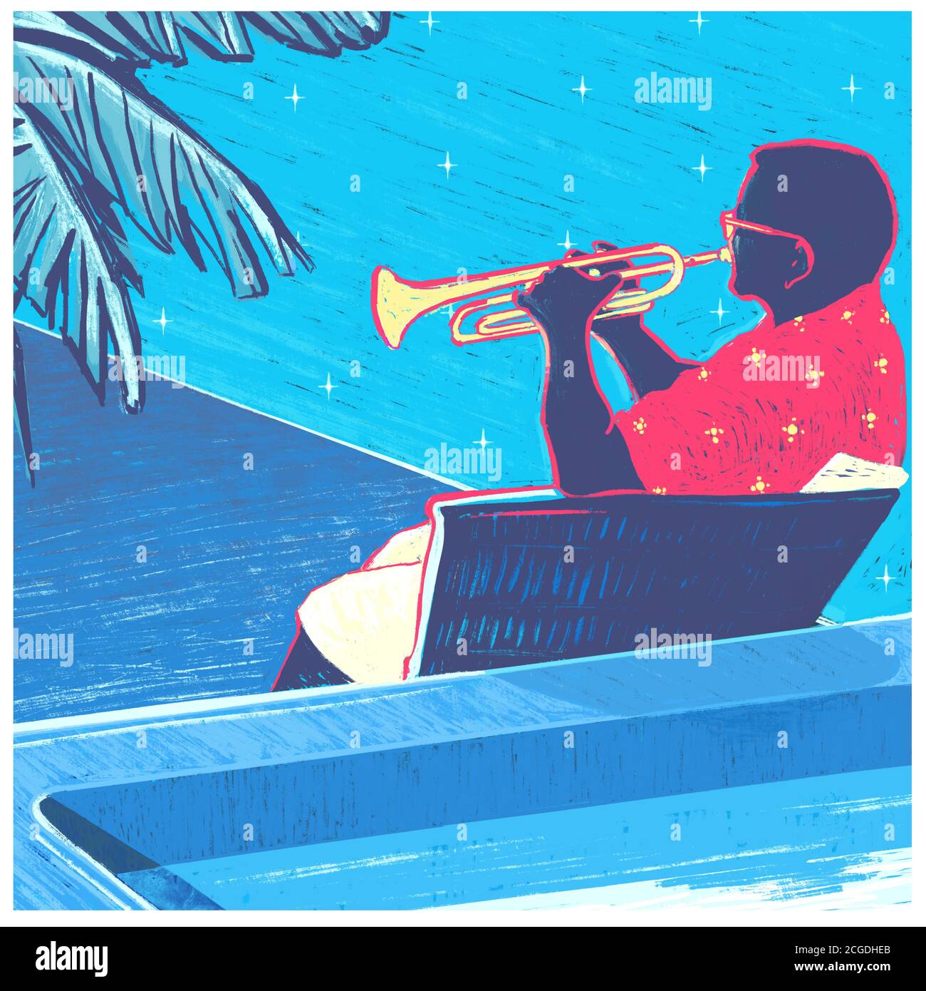 Trombettista che suona jazz da un'illustrazione della piscina. Foto Stock