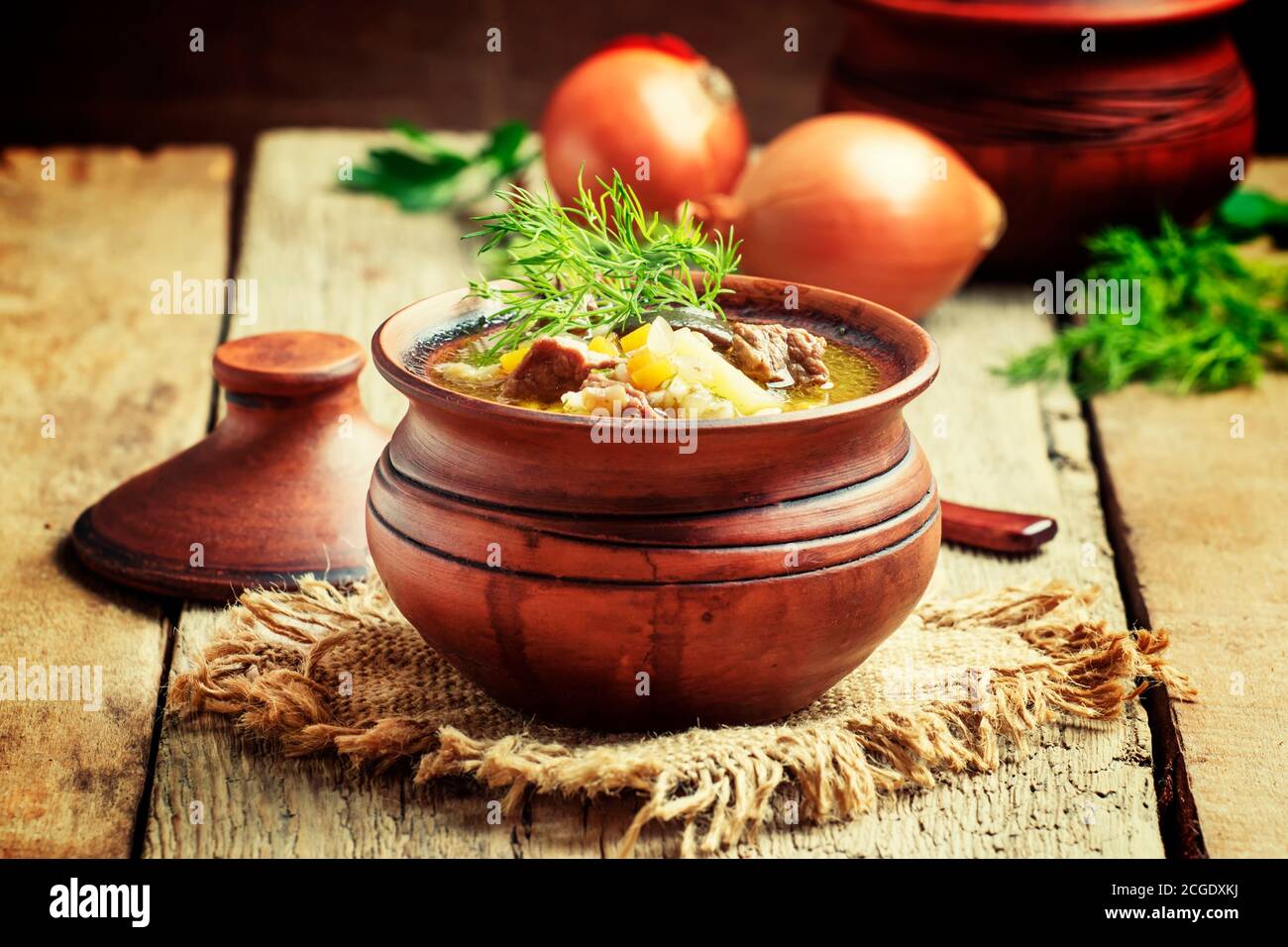 Cucina russa: Zuppa con manzo, funghi forestali e orzo perlato in una pentola di argilla su sfondo di legno d'annata, fuoco selettivo Foto Stock