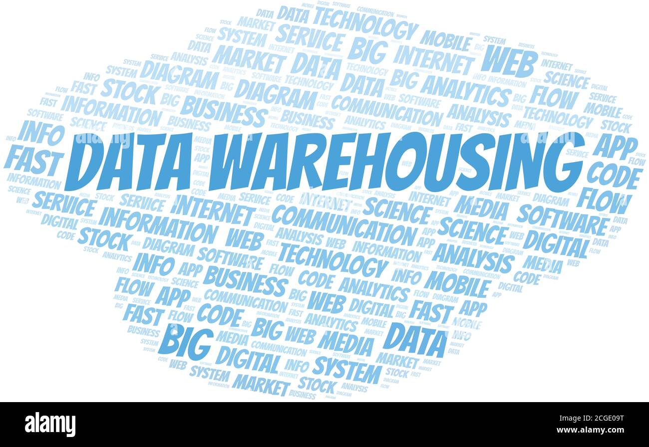 Data Warehousing vettore word cloud, creato solo con il testo. Illustrazione Vettoriale