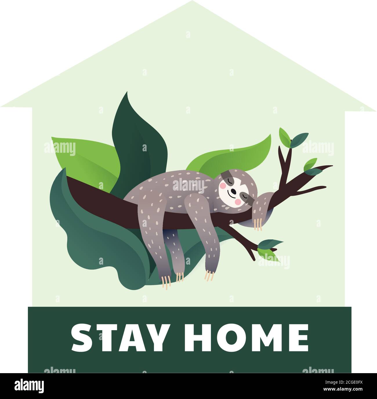 2019-ncov quarantena. Pigro sloth dormire. Blocco a casa. Illustrazione Vettoriale