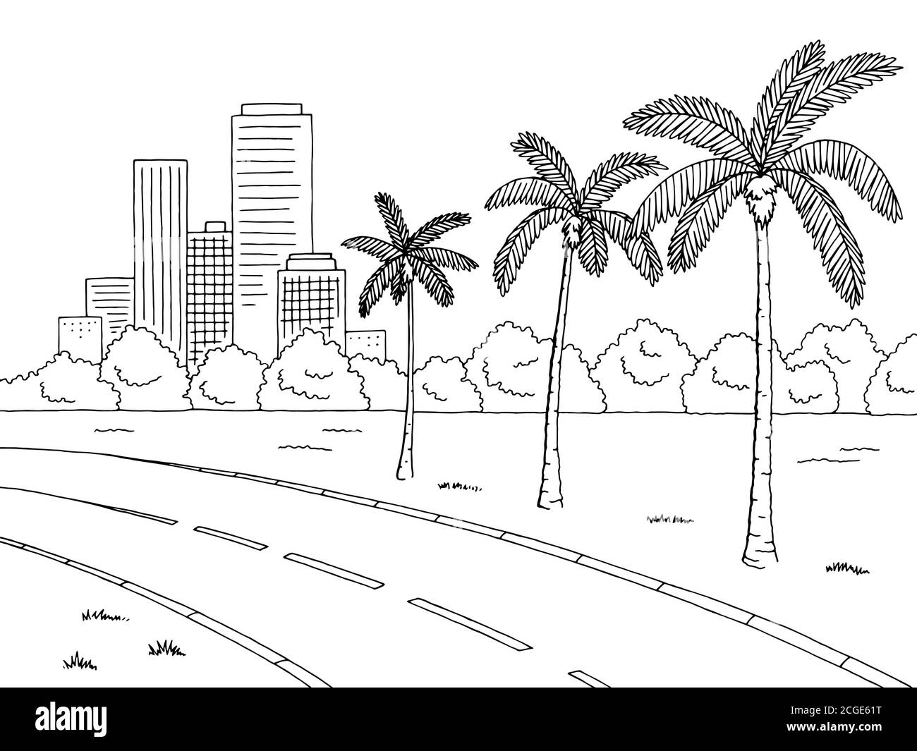 Illustrazione dello schizzo di un paesaggio bianco nero con la palma della strada vettore Illustrazione Vettoriale