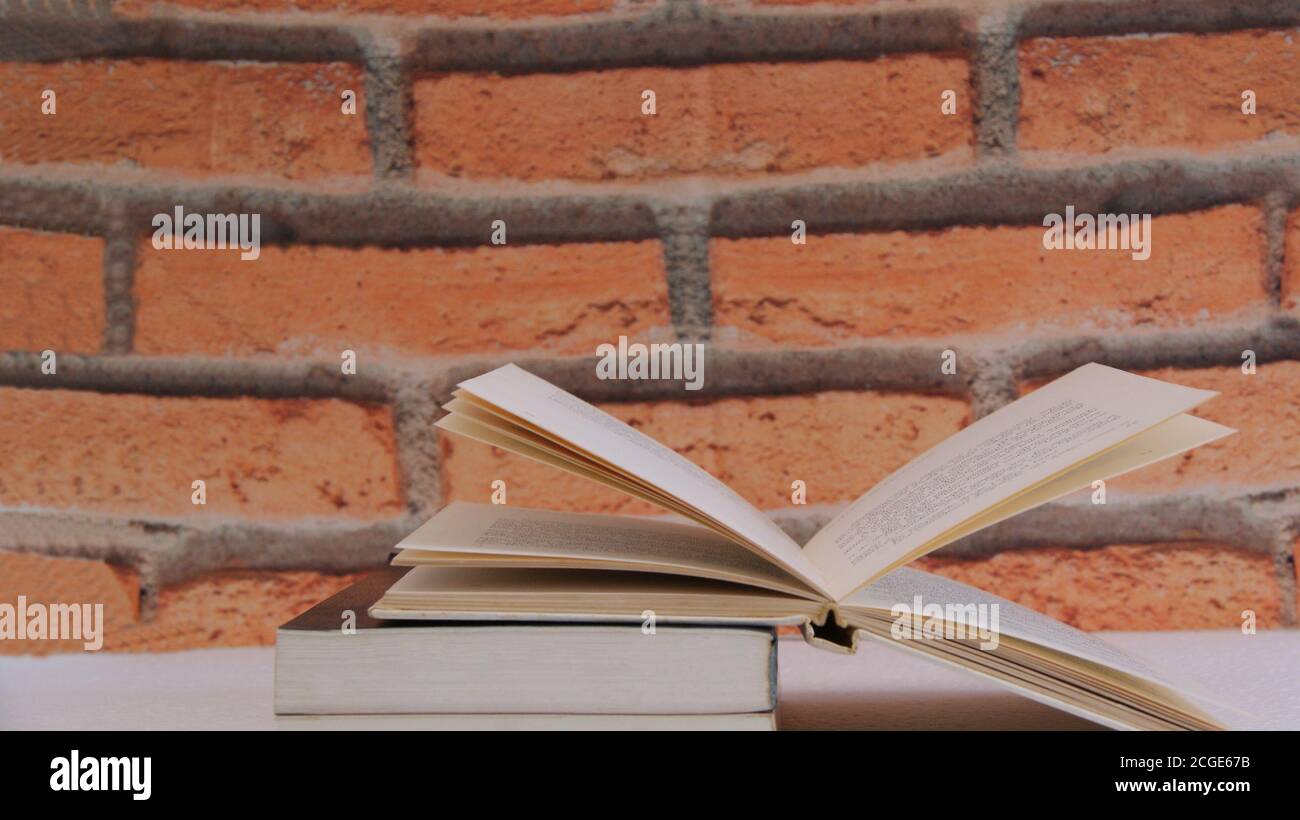 Pila di libri di studio, con libro aperto sulla parte superiore su base bianca e sfondo muretto in mattoni, zoom, foto concettuale Foto Stock
