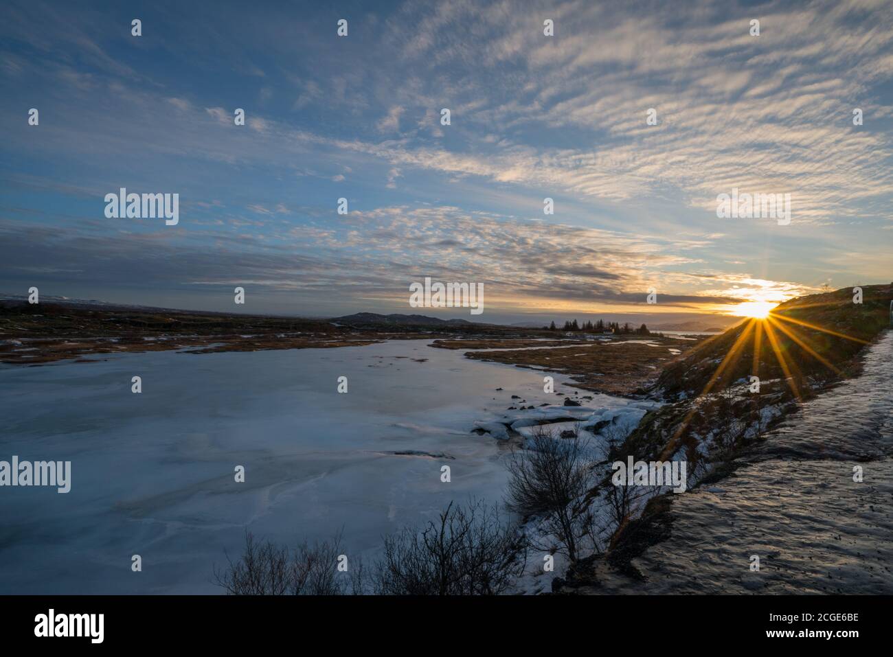 Parco Nazionale di Þingvellir Star Burst Landscape Foto Stock