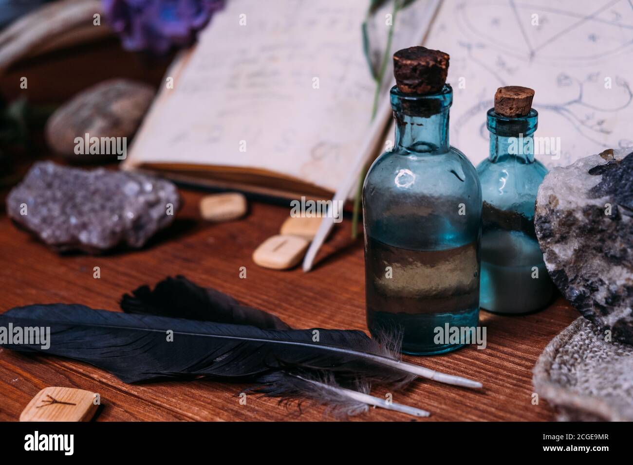 Bottiglia di pozione magica. Concetto di halloween stregoneria con pozioni, erbe e attrezzature occulte. Magica natura morta con spazio di copia su sfondo scuro. Foto Stock