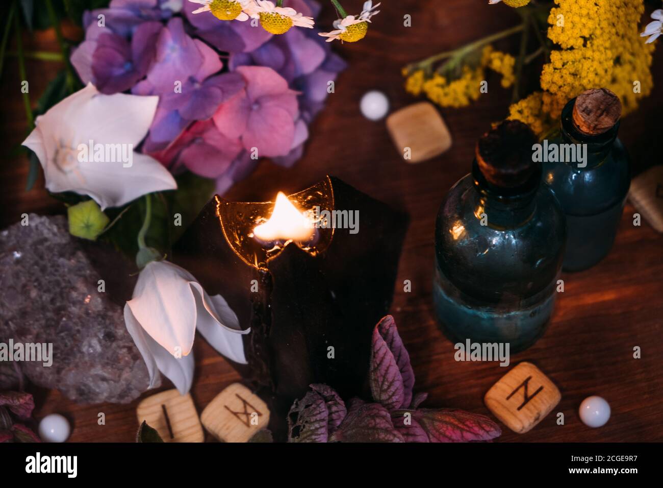 Bottiglia di pozione magica. Concetto di halloween stregoneria con pozioni, erbe e attrezzature occulte. Magica natura morta con spazio di copia su sfondo scuro. Foto Stock