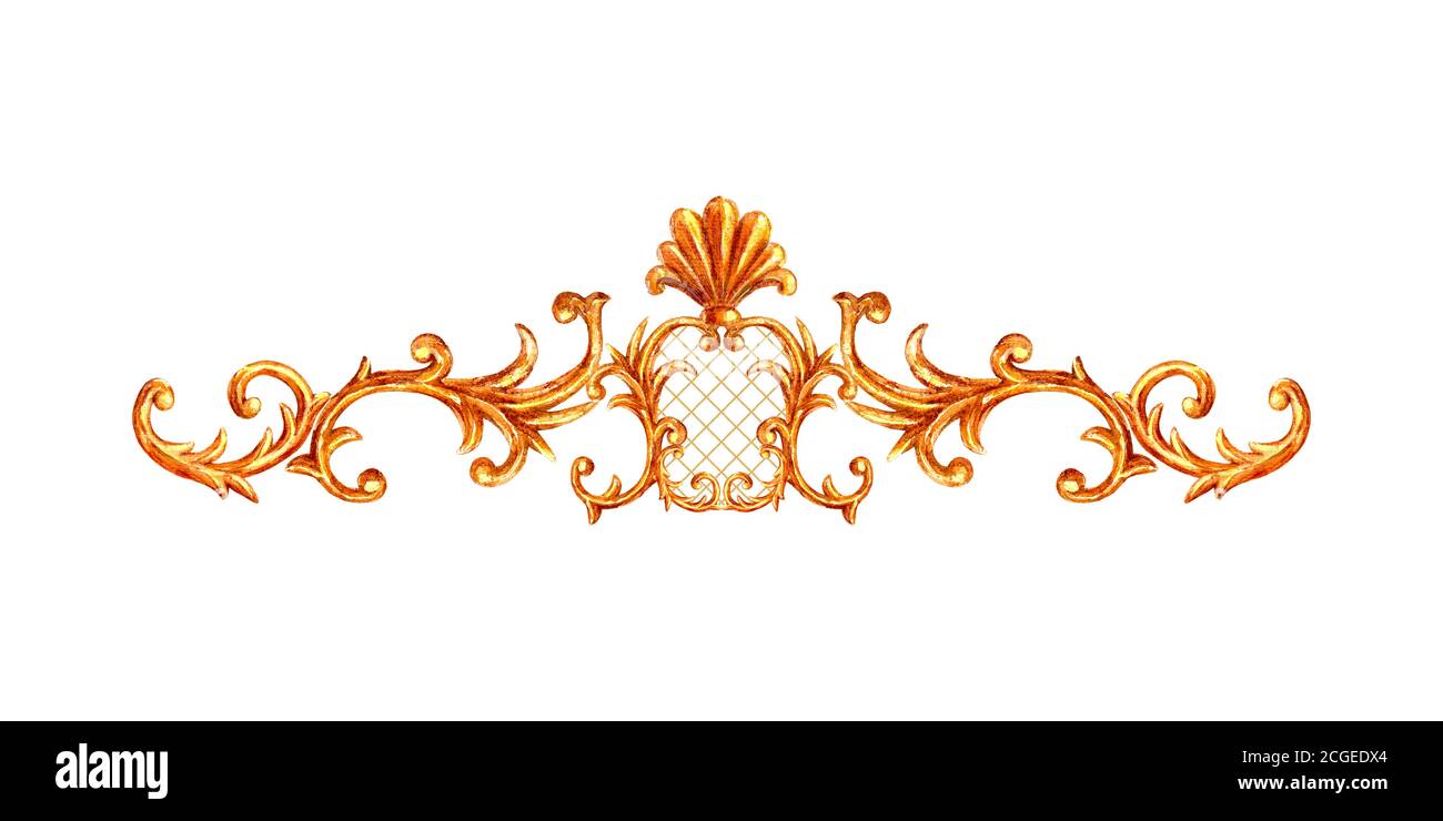 Vignetta in stile barocco ornamento d'oro. Acquerello disegnato a mano vintage incisione floreale scroll filigrana disegno cornice. Acquerello dorato Foto Stock