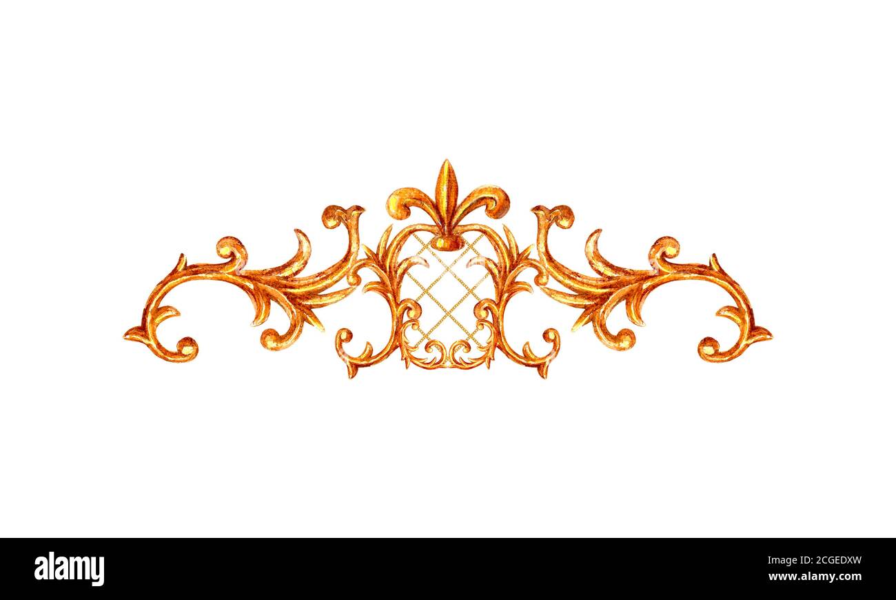 Vignetta in stile barocco ornamento d'oro. Acquerello disegnato a mano vintage incisione floreale scroll filigrana disegno cornice. Acquerello dorato Foto Stock