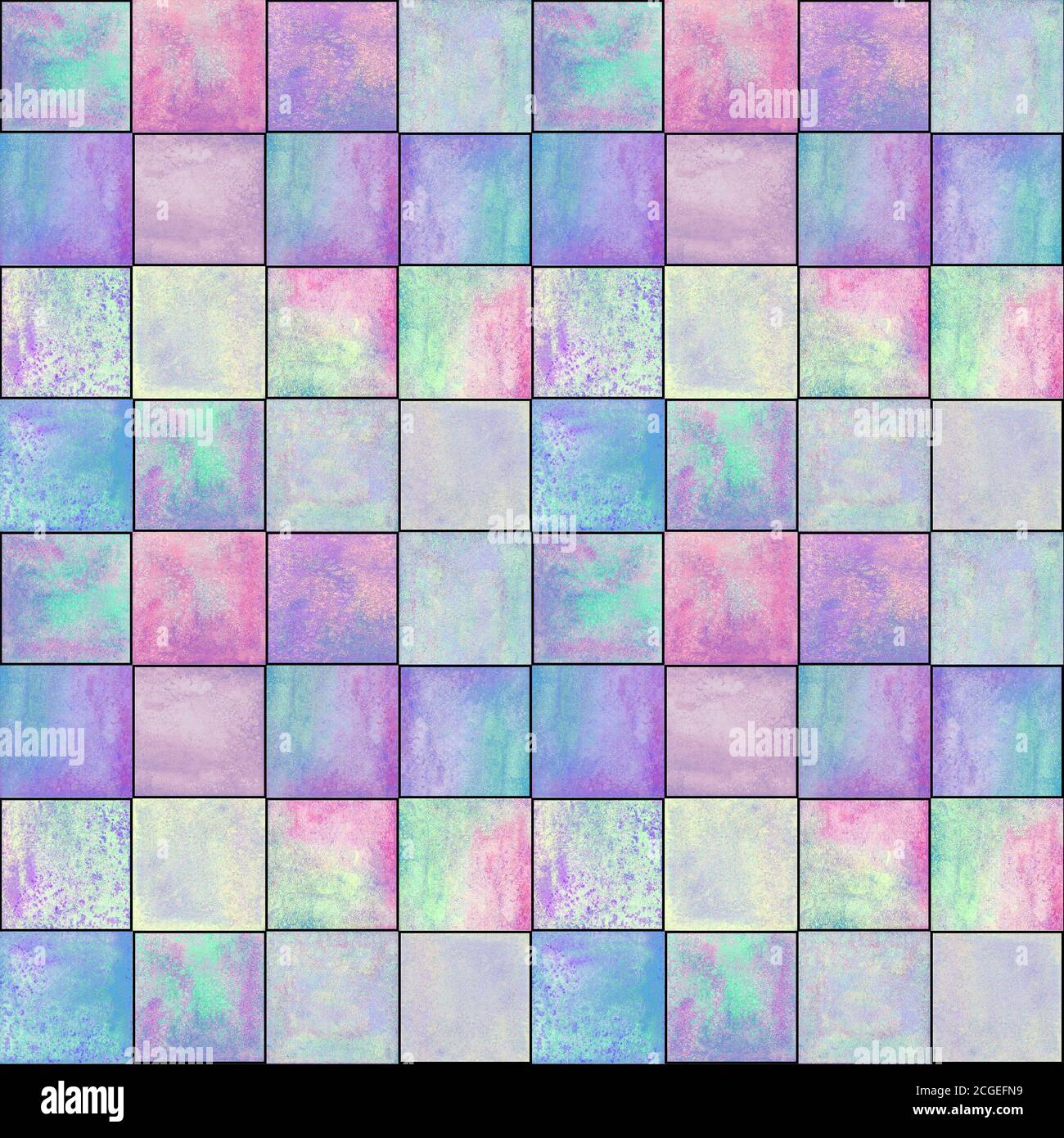 Schema geometrico senza giunture astratto. Grafica multicolore rosa viola blu disegnata a mano acquerello con semplici figure a forma di quadrati. Mosaico acquerello Foto Stock