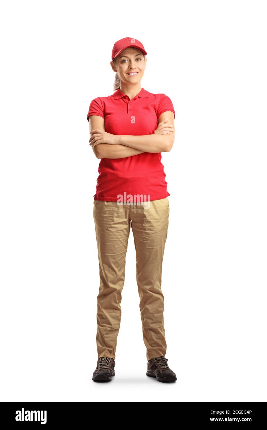 Ritratto a lunghezza intera di una lavoratrice in rosso t-shirt isolata su sfondo bianco Foto Stock