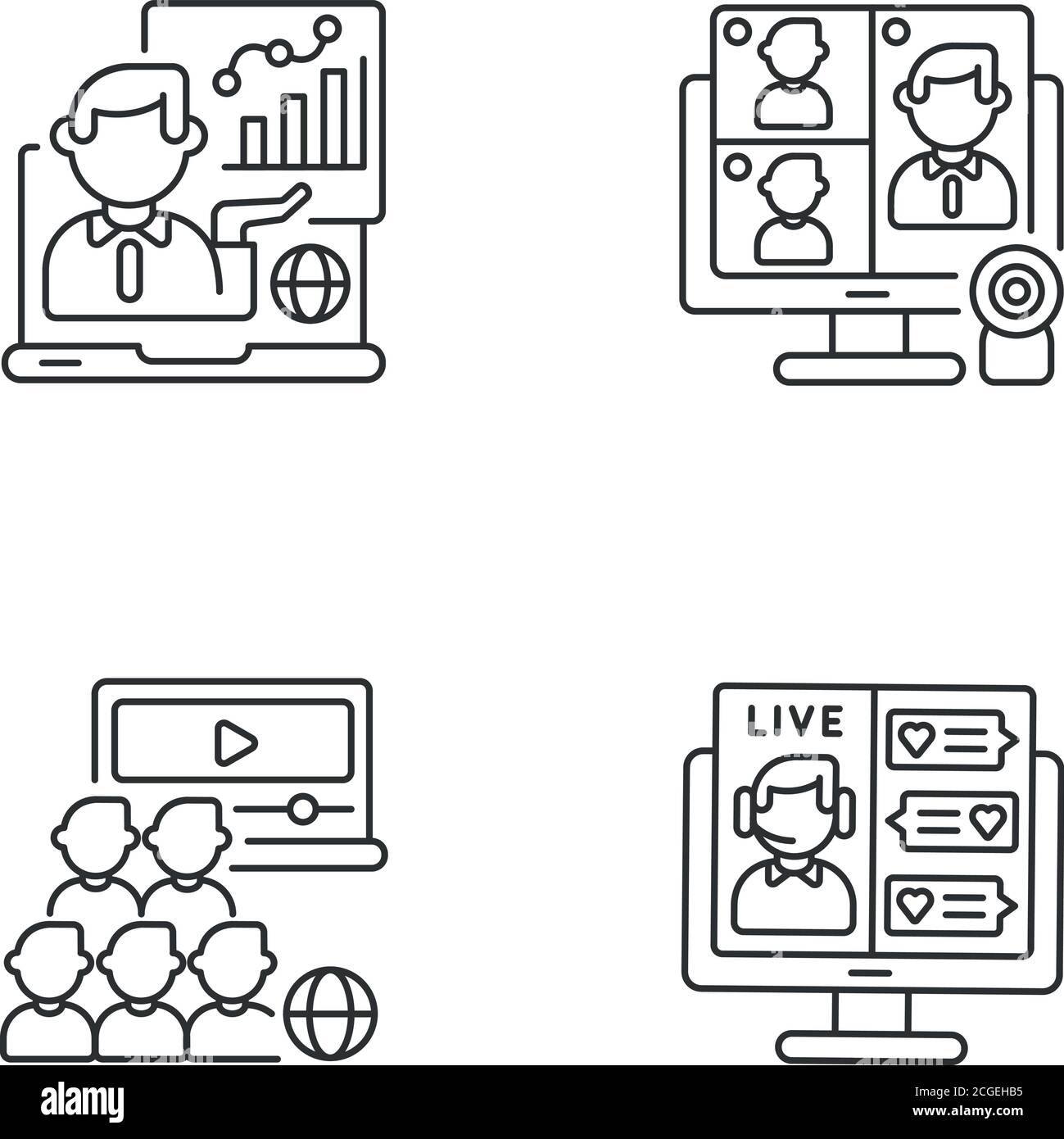 Set di icone lineari per riunioni aziendali online Illustrazione Vettoriale