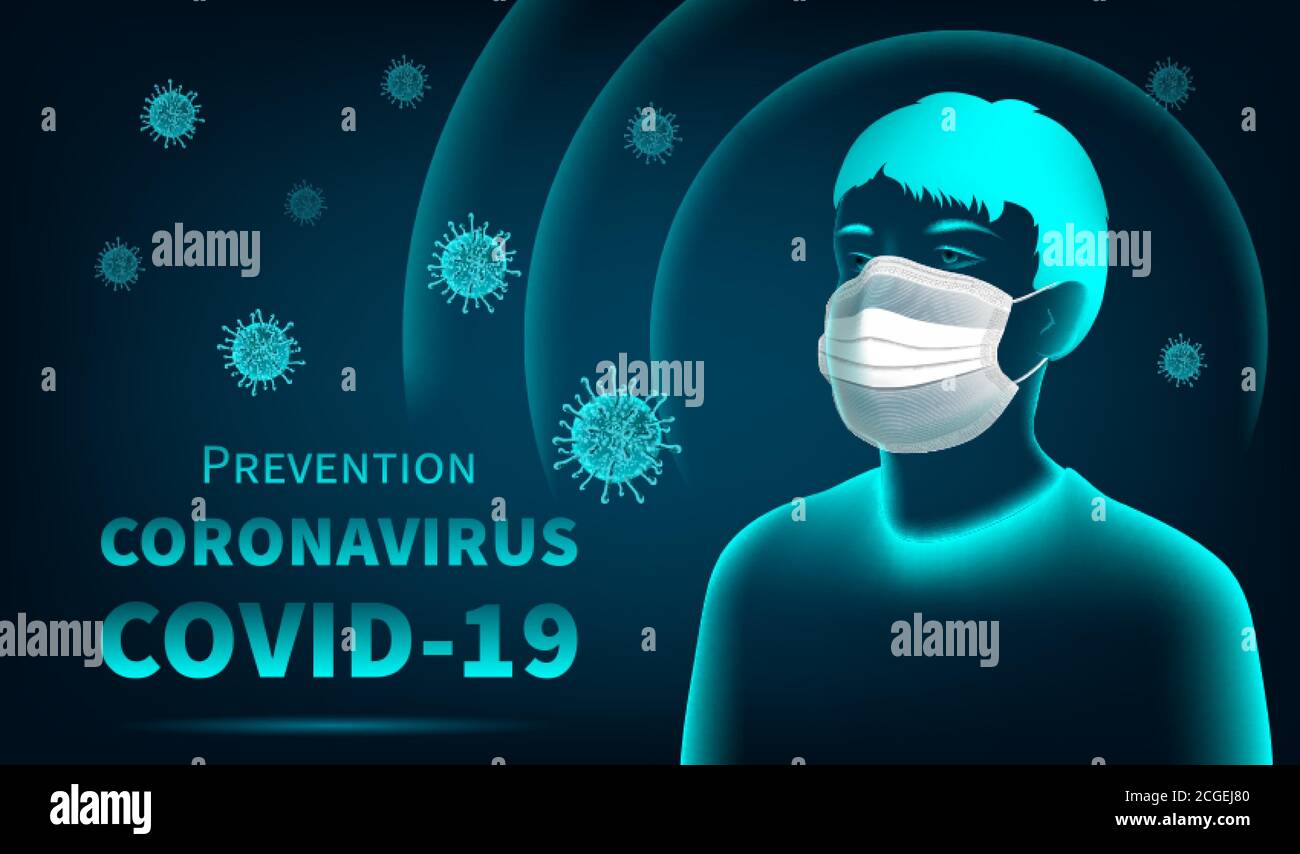 Banner di protezione del coronavirus. Poster concettuale uomo in una maschera medica protettiva con protezione astratta. Immagine al neon brillante su uno sfondo scuro Illustrazione Vettoriale