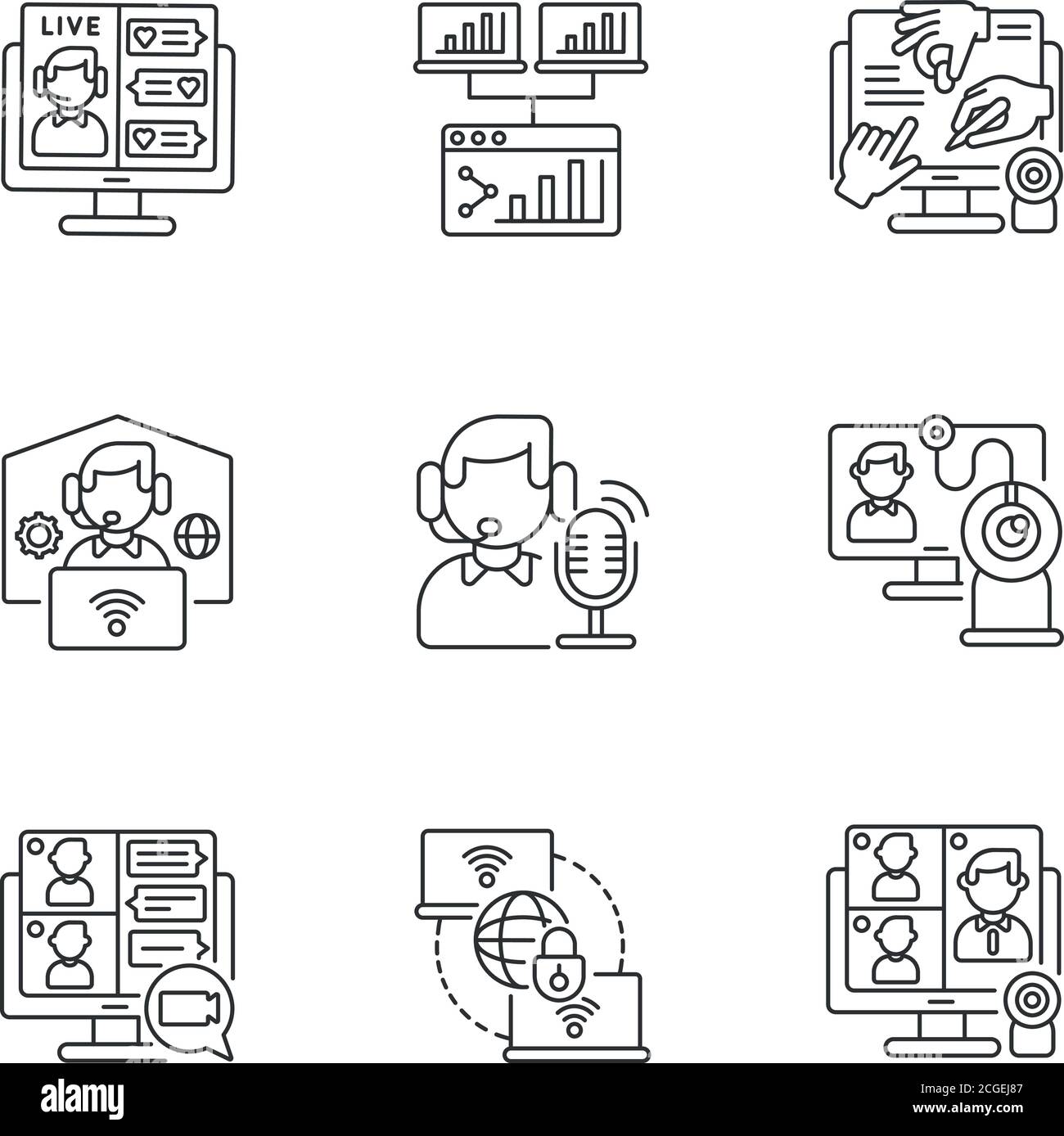 Set di icone lineari di comunicazione virtuale Illustrazione Vettoriale