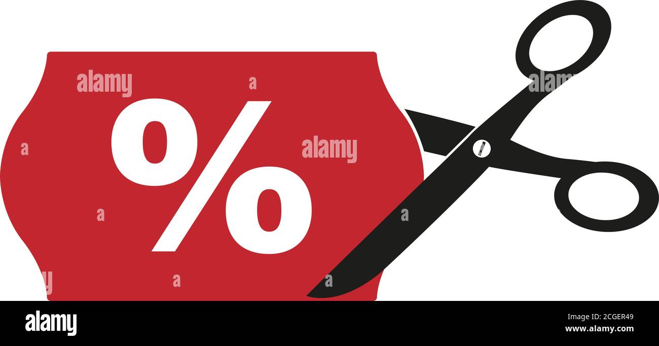 simbolo di taglio o di riduzione del prezzo con etichetta di taglio a forbice con illustrazione vettoriale del segno percentuale Illustrazione Vettoriale