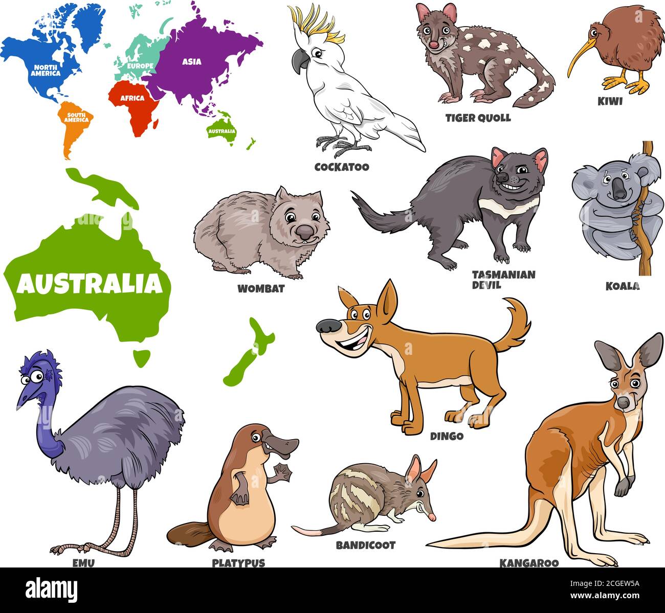 Illustrazione educativa del Cartoon degli animali australiani e della mappa del mondo Con le forme dei continenti Illustrazione Vettoriale