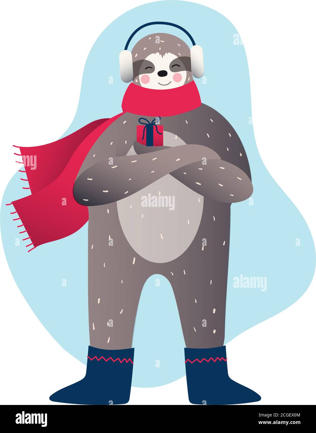Inverno, Natale o Capodanno. Cute pigro sloth in inverno tiene il panno Illustrazione Vettoriale