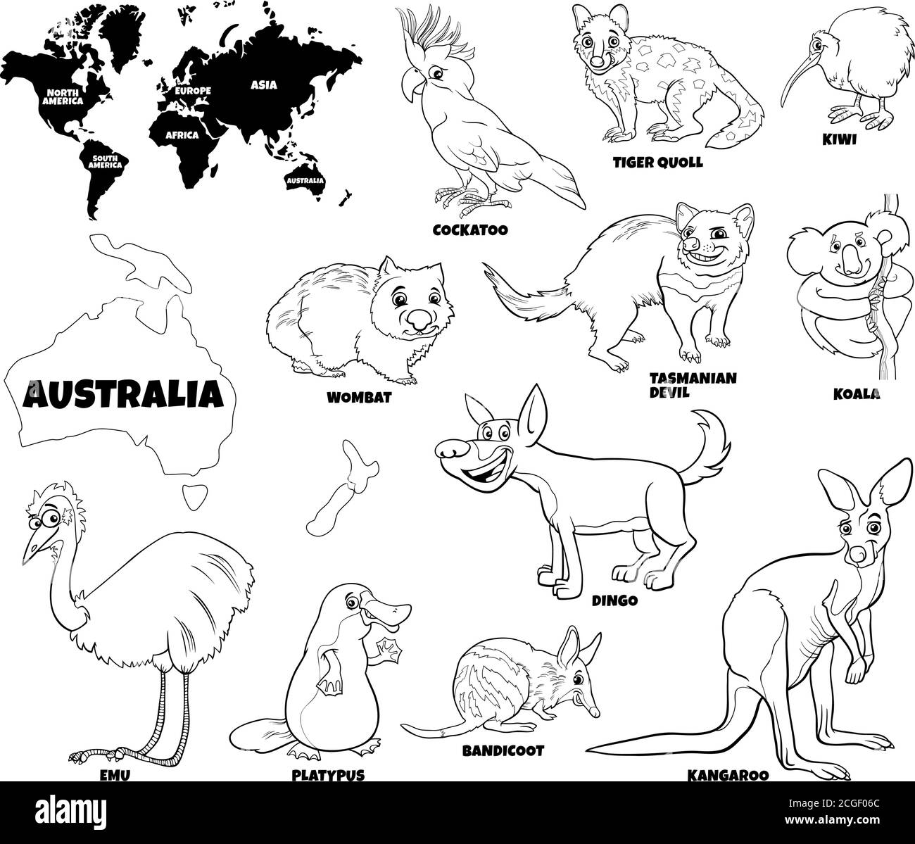 Black and White Educational Cartoon Illustrazione degli animali australiani Set E Mappa del mondo con pagine del libro di colorazione di forme continentali Illustrazione Vettoriale
