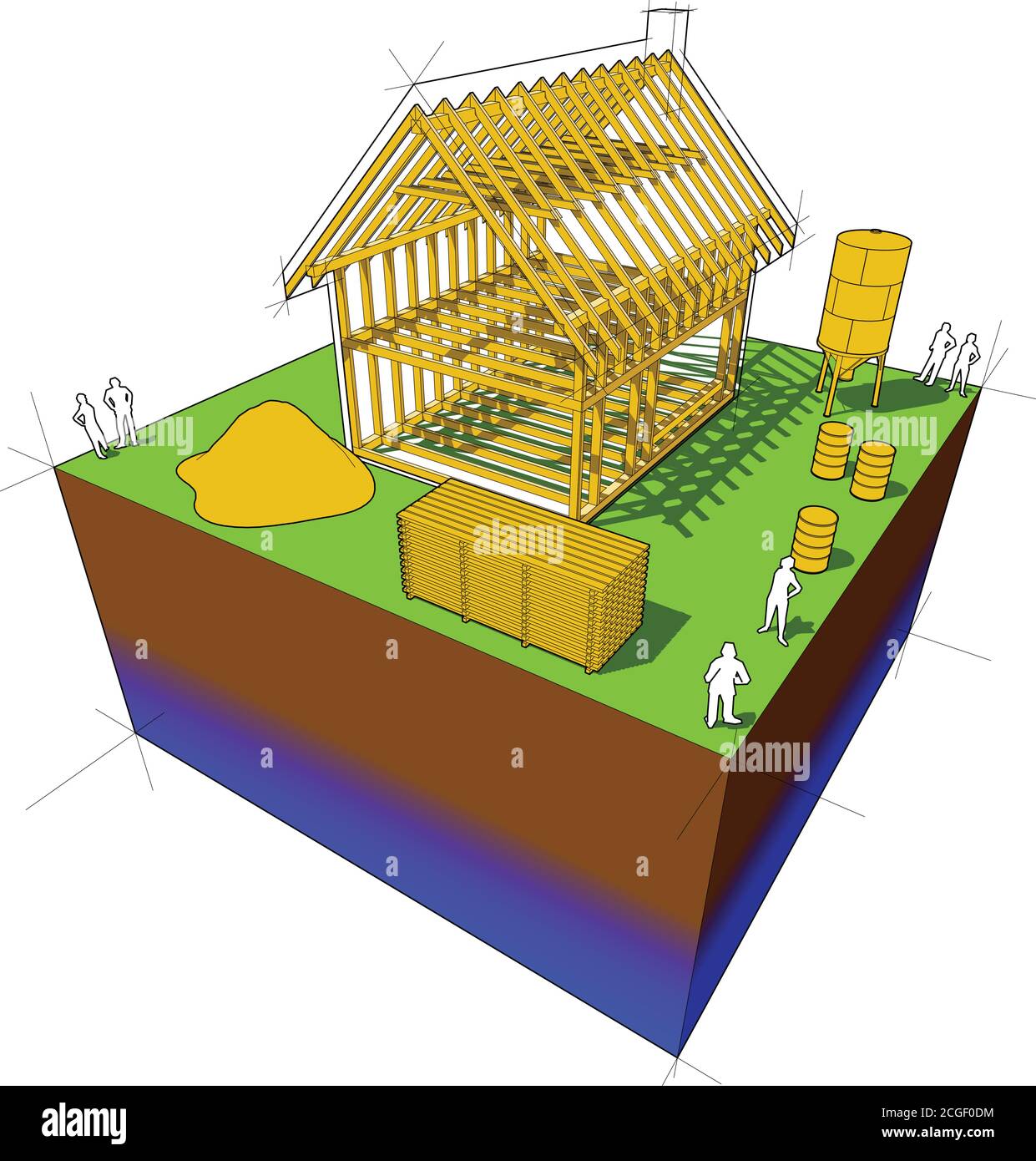 Costruzione della semplice casa unifamiliare con cornice in legno di costruzione e di attrezzature da costruzione intorno Illustrazione Vettoriale