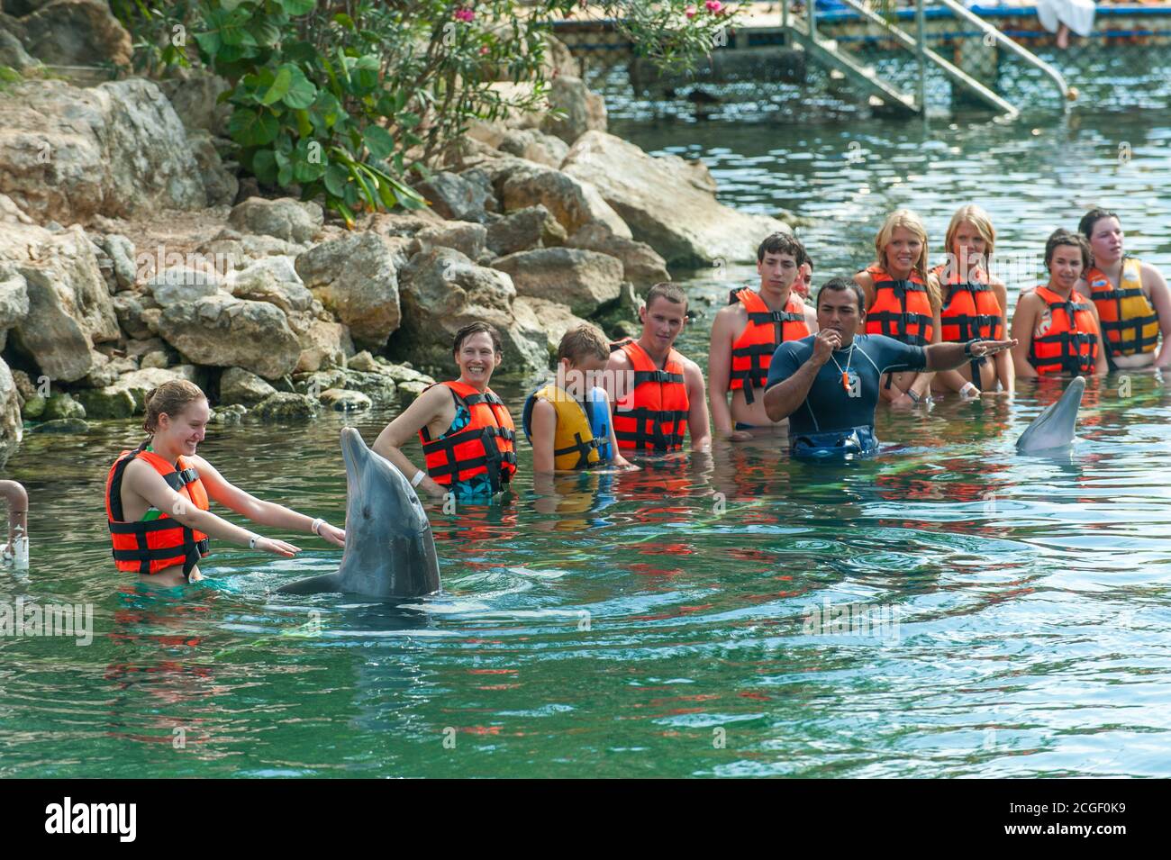 La nuotata con il programma di delfini tursiopi presso il Dolphin Discovery Puerto Aventuras sulla Riviera Maya vicino a Cancun, nello stato di Quintana Roo, M. Foto Stock