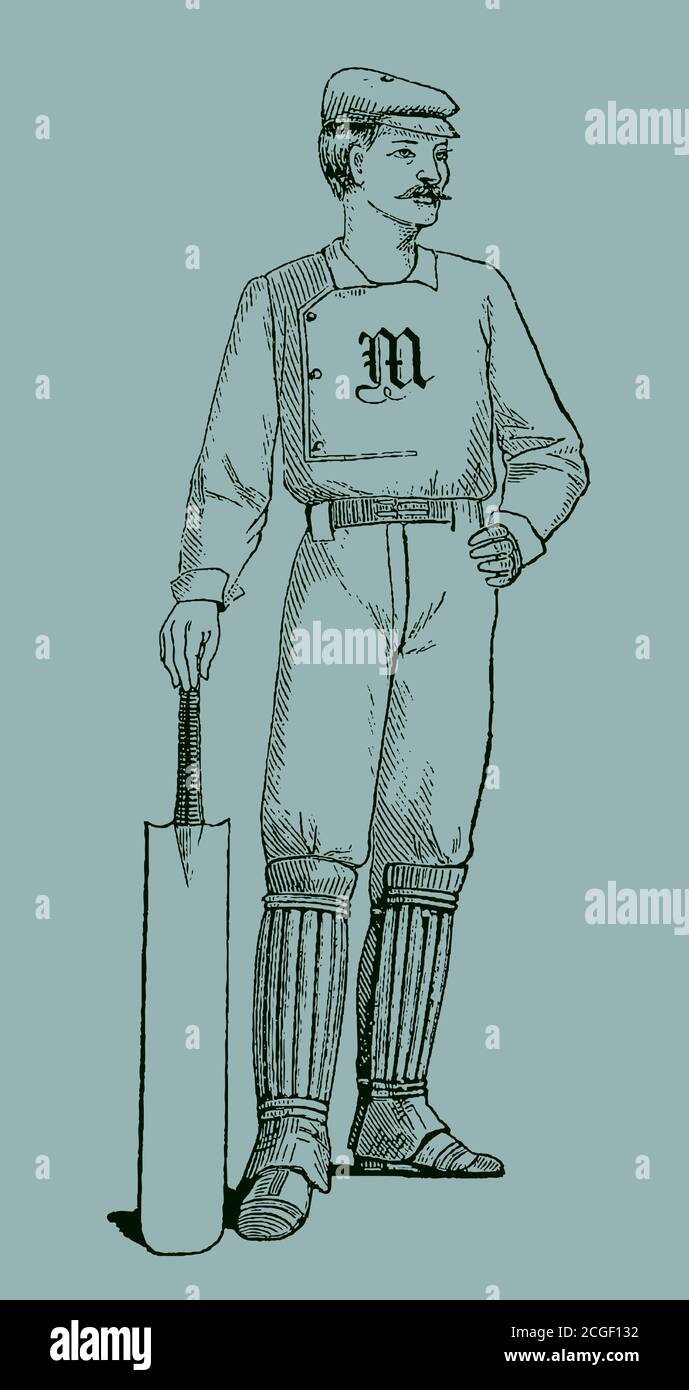 Pastella vintage a cricket in vista frontale poggiata su un pipistrello, isolato su uno sfondo blu-verde pallido, dopo un'antica illustrazione del 19 ° secolo Illustrazione Vettoriale