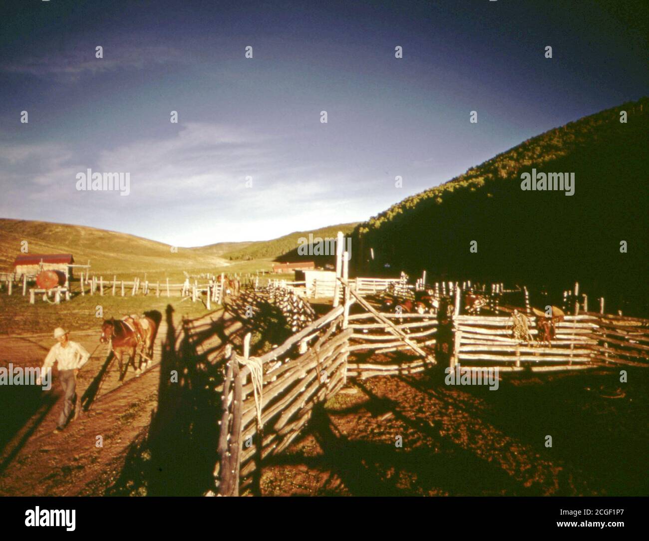 Cowboy una passeggiata a cavallo passato un recinto in western Colorado ca. 1973 Foto Stock