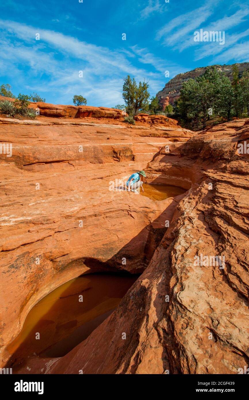 Un escursionista (modello rilasciato) presso le sette piscine sacre lungo il Soldier Pass Trail vicino a Sedona, Arizona, Stati Uniti. Foto Stock