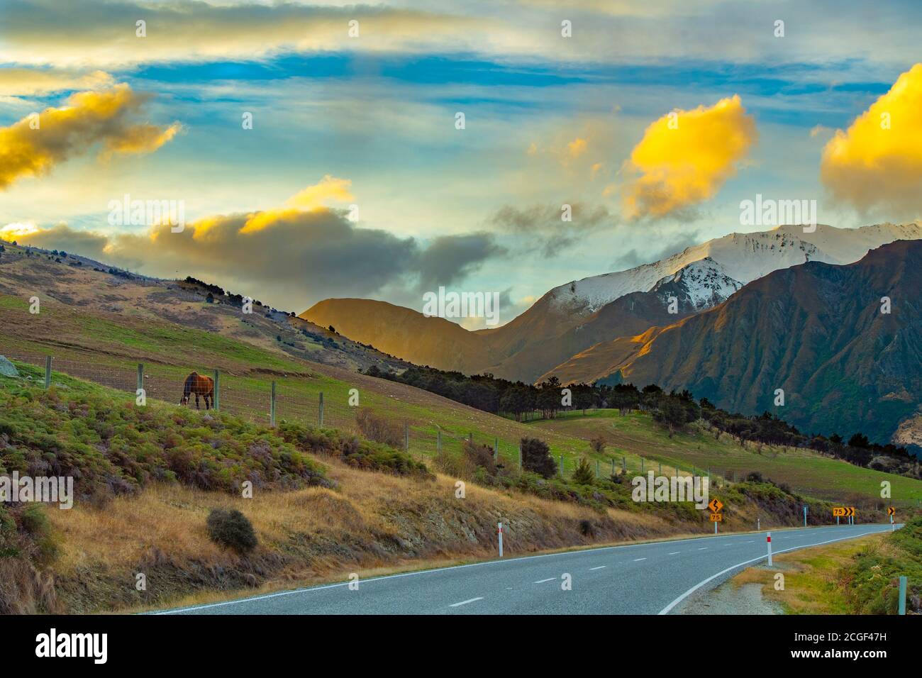 Vista sulle montagne e sulla strada a Wanaka Otago, NewZealand, quando il sole tramonta. C'era una bella nuvola gialla e un cavallo stava mangiando erba sulla collina. Foto Stock